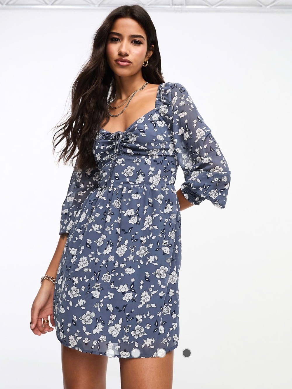Hollister Blue Floral Milkmaid Mini Dress Medium Puff Sleeve Smocked